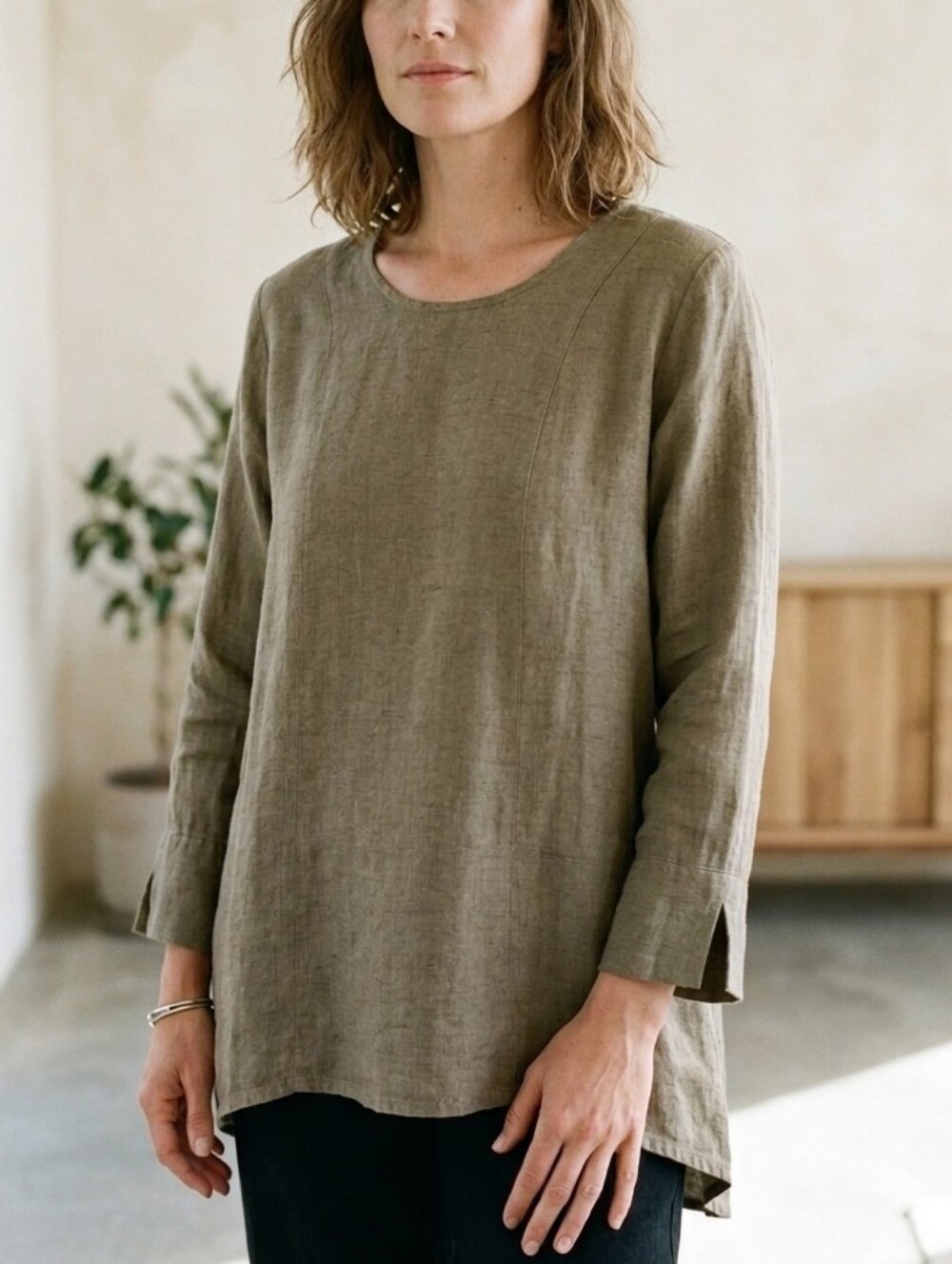 FLAX 100% Linen Tunic Top Women's M Olive Taupe Long Sleeve Natural Relaxed Boho